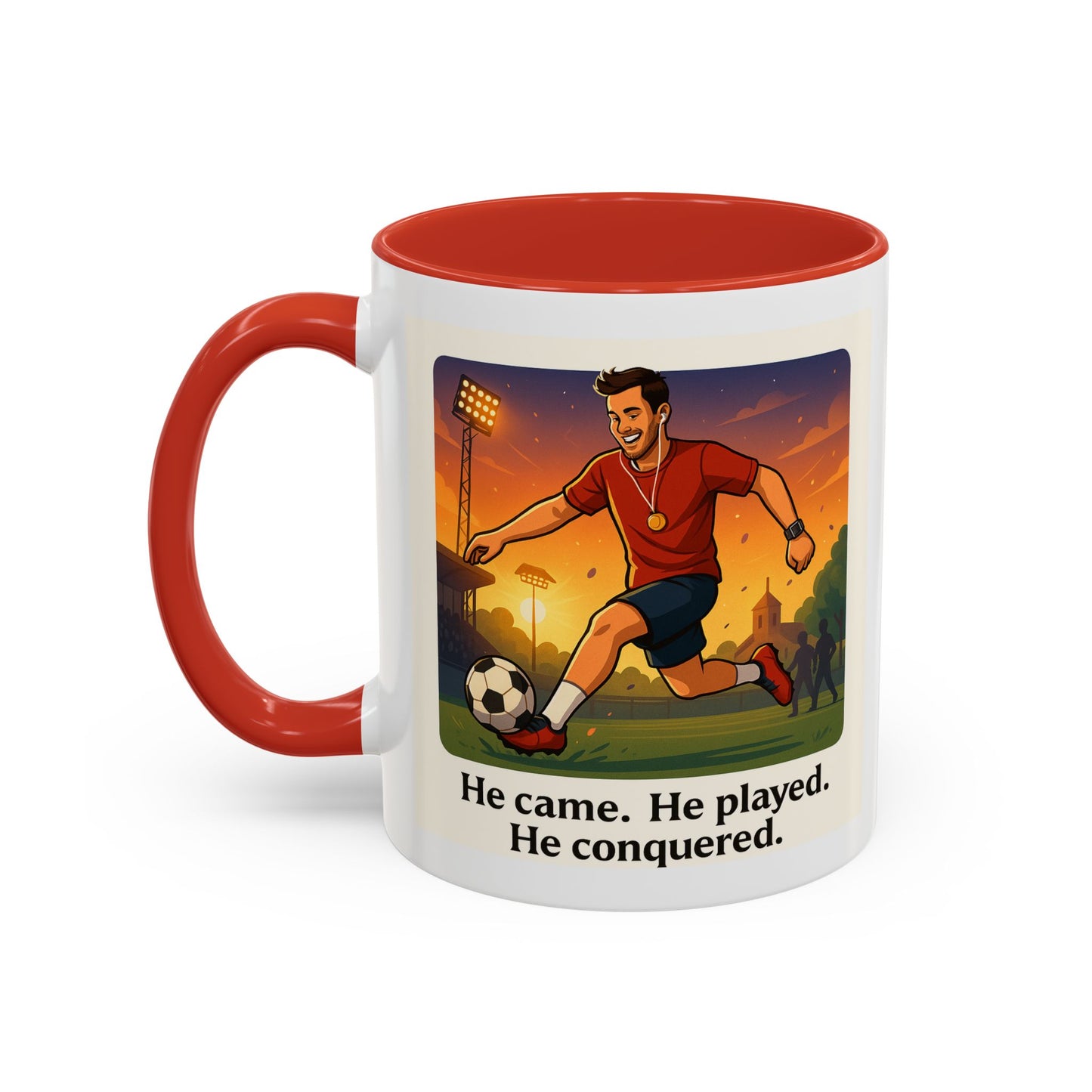 Soccer Victory Coffee Mug - "He Came. He Played. He Conquered."