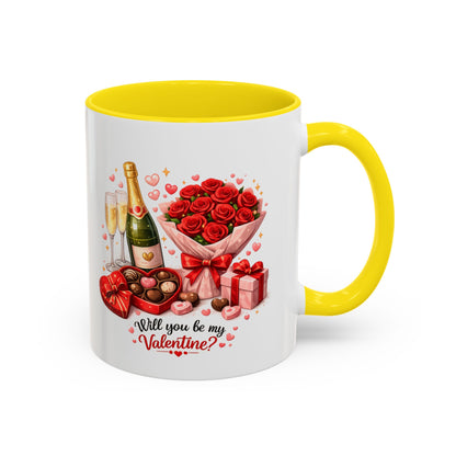 Valentine’s Coffee Mug — “Will You Be My Valentine?” Bouquet, Chocolates & Champagne Mug