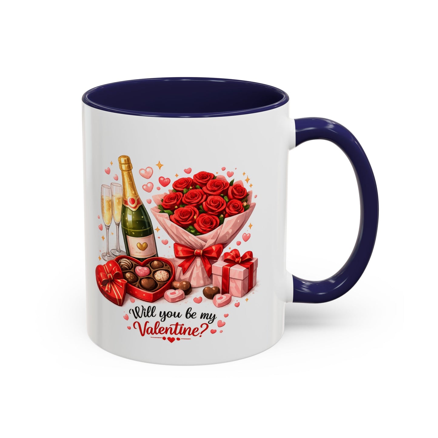 Valentine’s Coffee Mug — “Will You Be My Valentine?” Bouquet, Chocolates & Champagne Mug