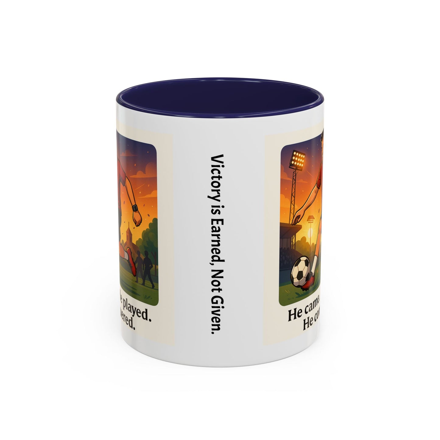 Soccer Victory Coffee Mug - "He Came. He Played. He Conquered."