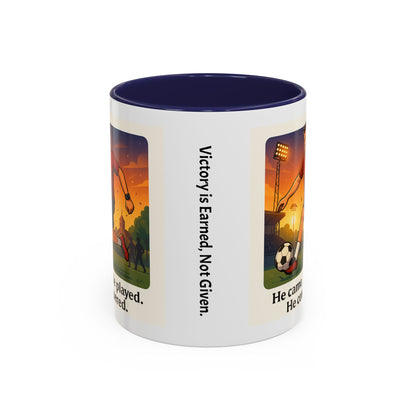 Soccer Victory Coffee Mug - "He Came. He Played. He Conquered."