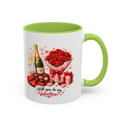Valentine’s Coffee Mug — “Will You Be My Valentine?” Bouquet, Chocolates & Champagne Mug