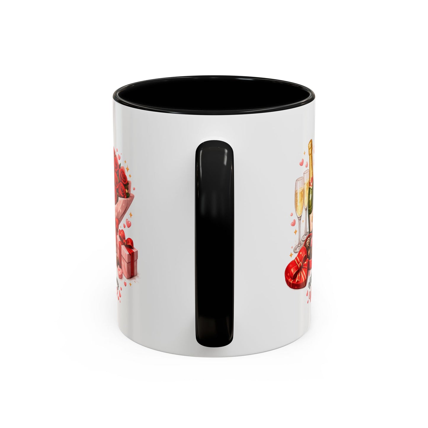 Valentine’s Coffee Mug — “Will You Be My Valentine?” Bouquet, Chocolates & Champagne Mug