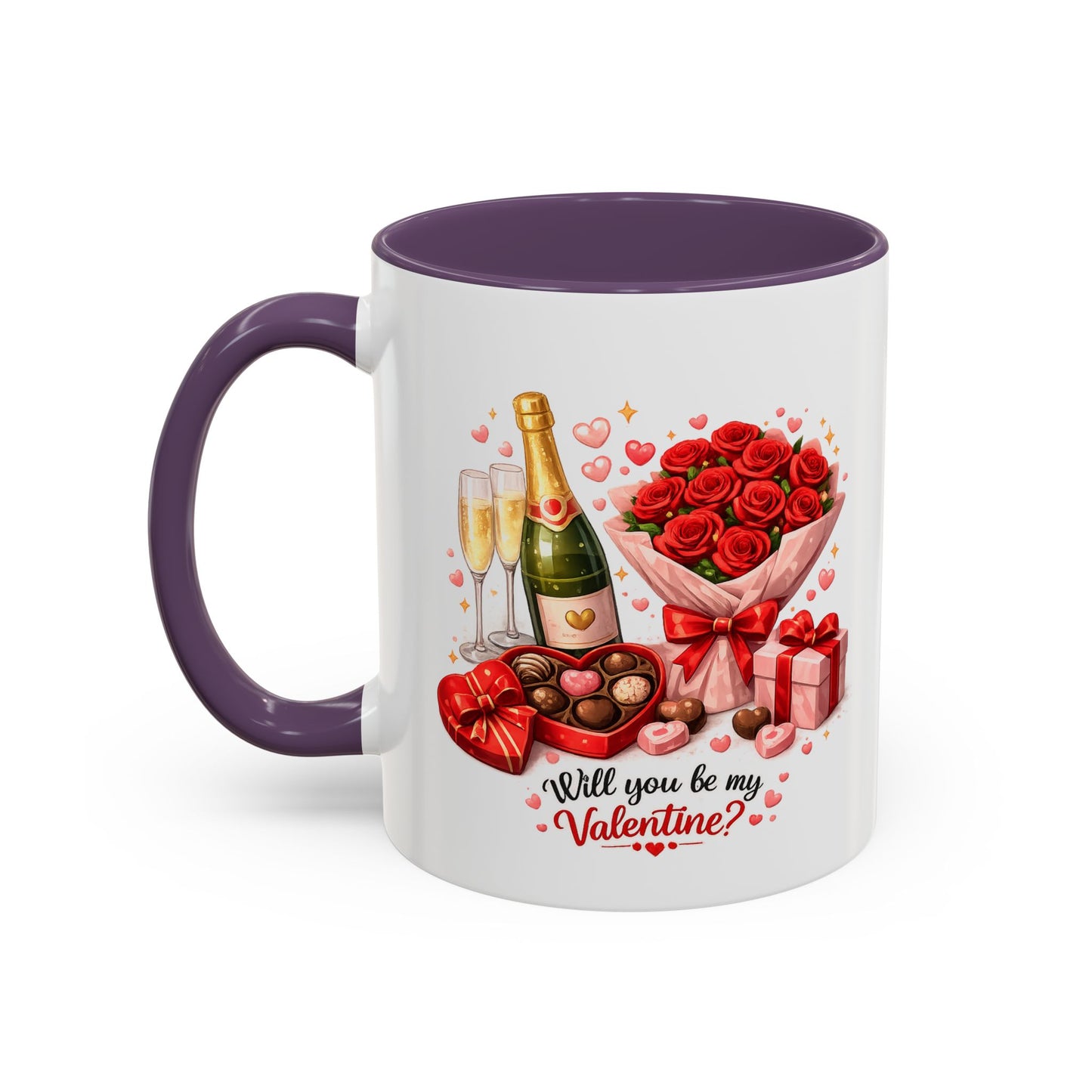 Valentine’s Coffee Mug — “Will You Be My Valentine?” Bouquet, Chocolates & Champagne Mug