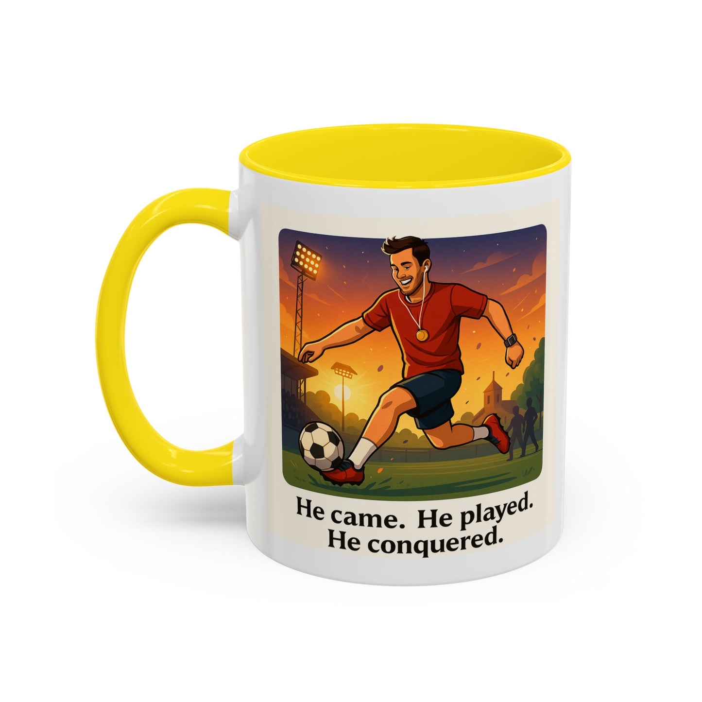 Soccer Victory Coffee Mug - "He Came. He Played. He Conquered."