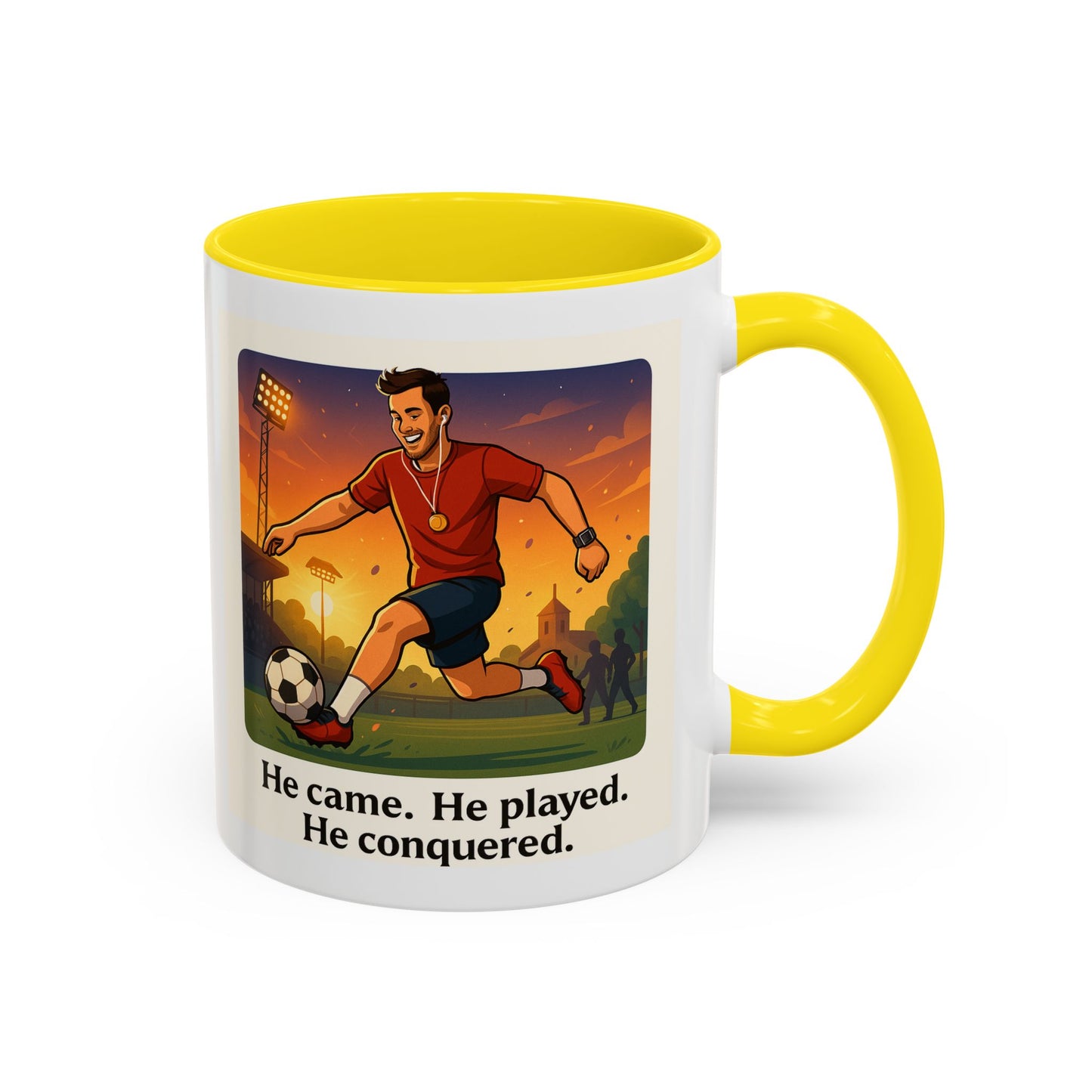 Soccer Victory Coffee Mug - "He Came. He Played. He Conquered."