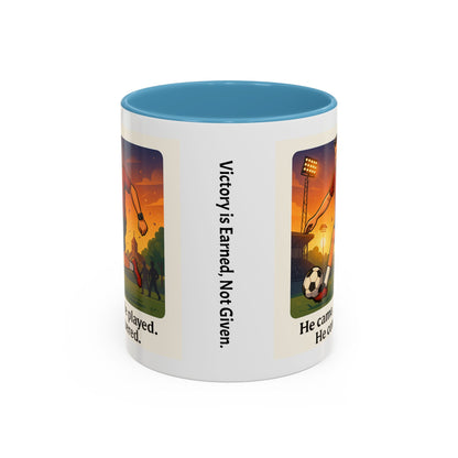 Soccer Victory Coffee Mug - "He Came. He Played. He Conquered."