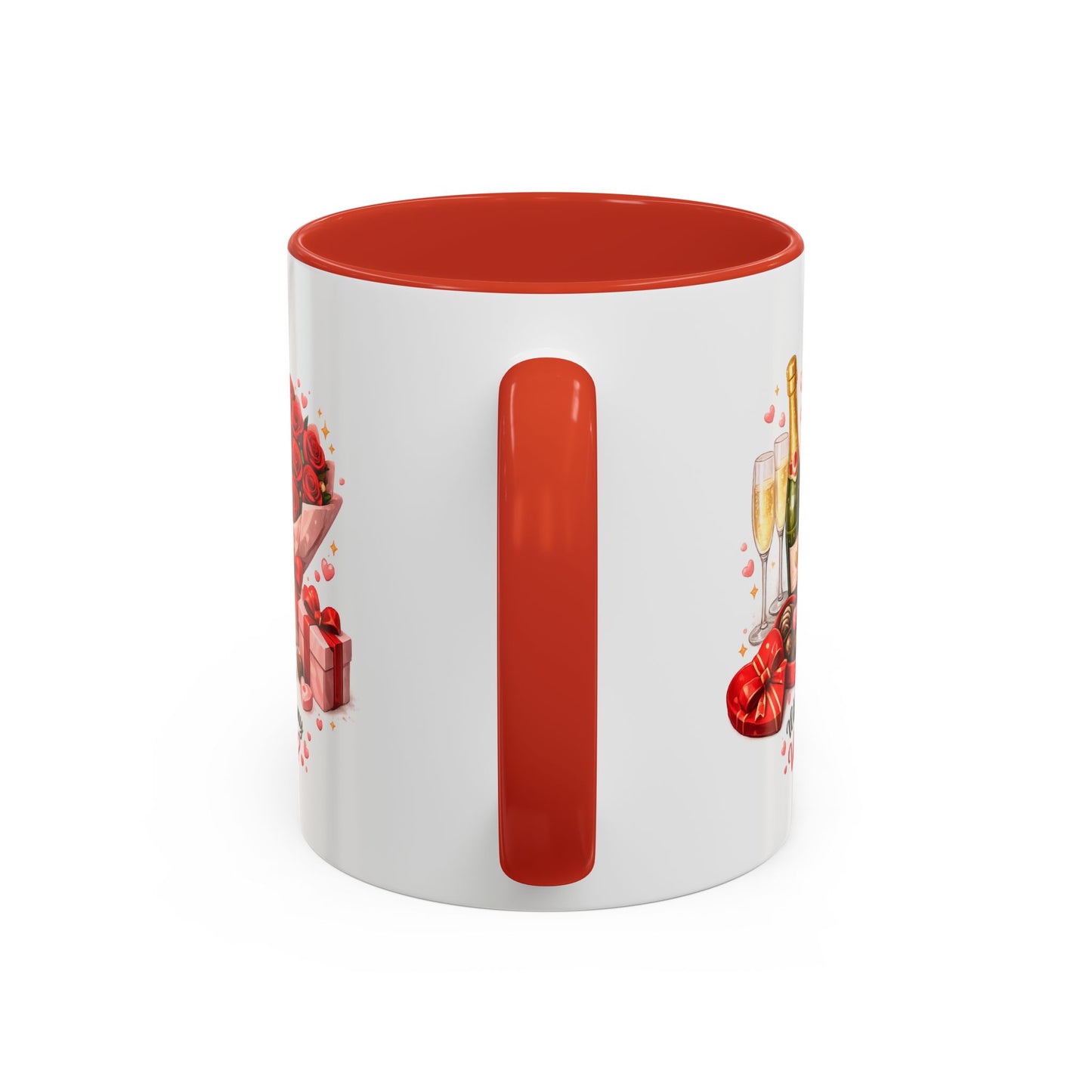 Valentine’s Coffee Mug — “Will You Be My Valentine?” Bouquet, Chocolates & Champagne Mug