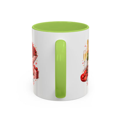 Valentine’s Coffee Mug — “Will You Be My Valentine?” Bouquet, Chocolates & Champagne Mug