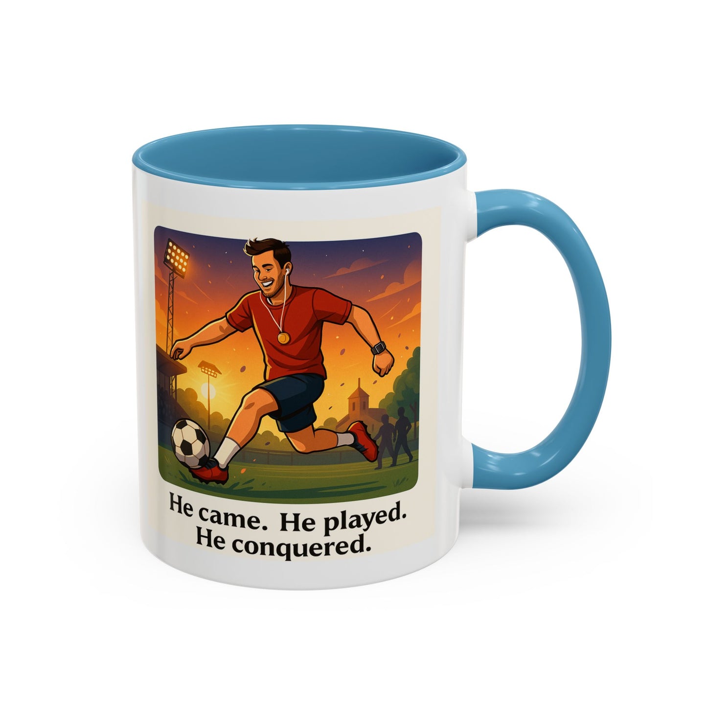 Soccer Victory Coffee Mug - "He Came. He Played. He Conquered."