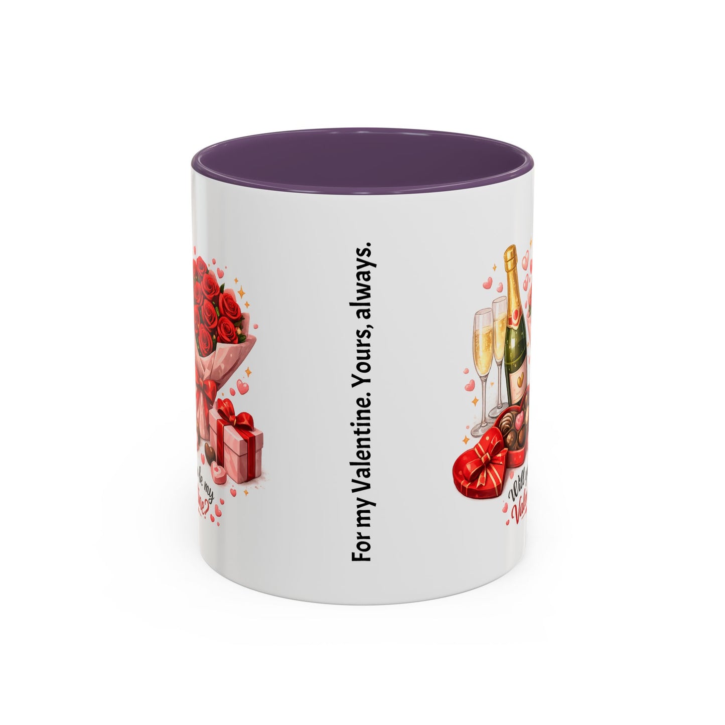 Valentine’s Coffee Mug — “Will You Be My Valentine?” Bouquet, Chocolates & Champagne Mug