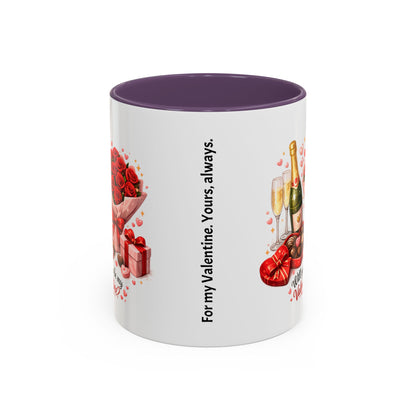 Valentine’s Coffee Mug — “Will You Be My Valentine?” Bouquet, Chocolates & Champagne Mug