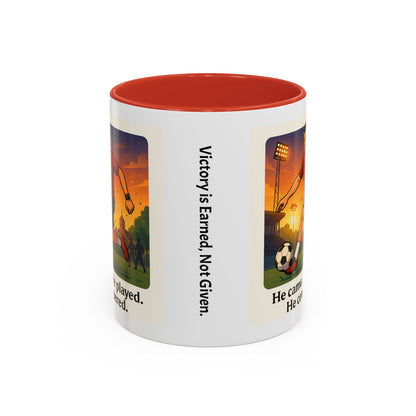 Soccer Victory Coffee Mug - "He Came. He Played. He Conquered."
