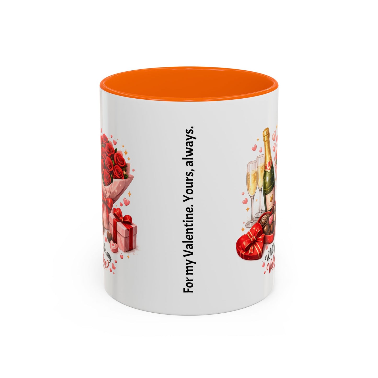 Valentine’s Coffee Mug — “Will You Be My Valentine?” Bouquet, Chocolates & Champagne Mug