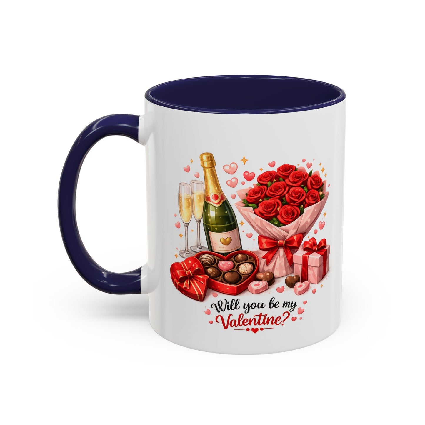 Valentine’s Coffee Mug — “Will You Be My Valentine?” Bouquet, Chocolates & Champagne Mug
