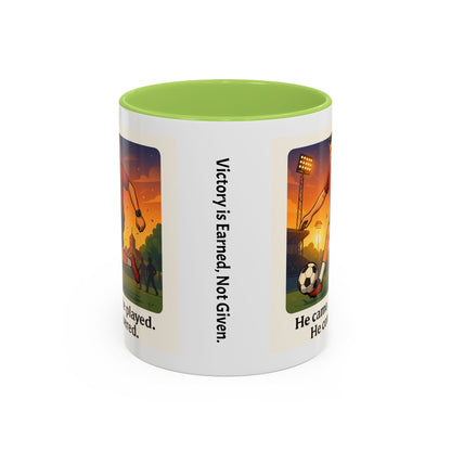 Soccer Victory Coffee Mug - "He Came. He Played. He Conquered."
