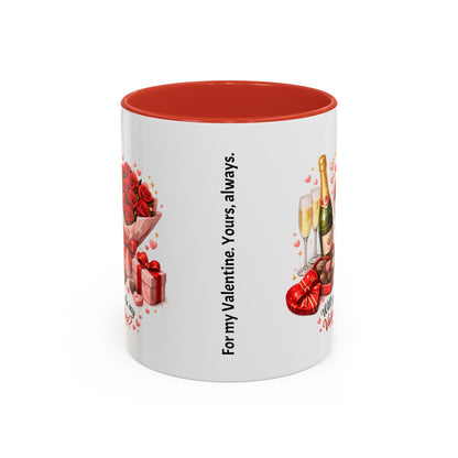 Valentine’s Coffee Mug — “Will You Be My Valentine?” Bouquet, Chocolates & Champagne Mug