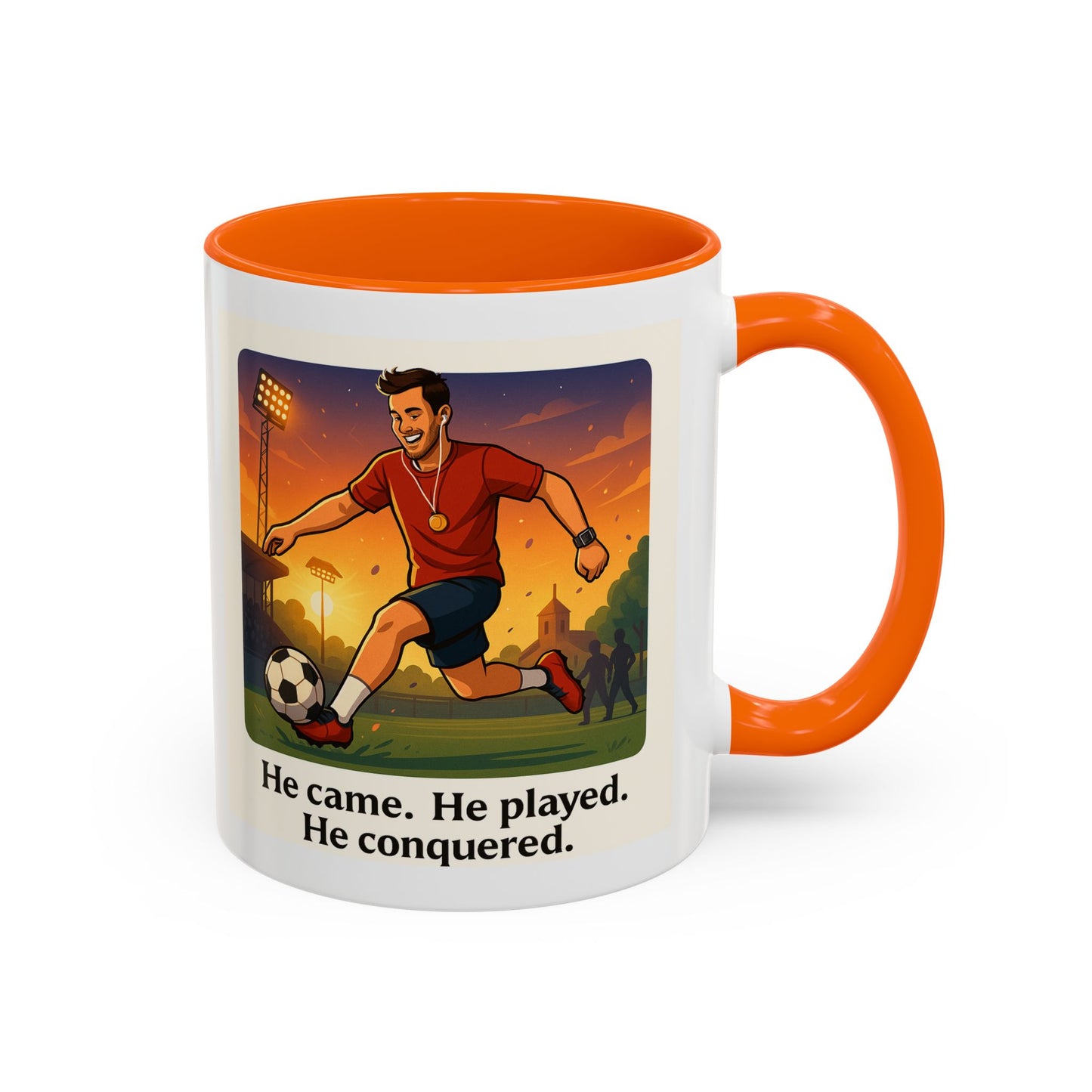 Soccer Victory Coffee Mug - "He Came. He Played. He Conquered."