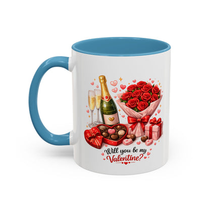 Valentine’s Coffee Mug — “Will You Be My Valentine?” Bouquet, Chocolates & Champagne Mug