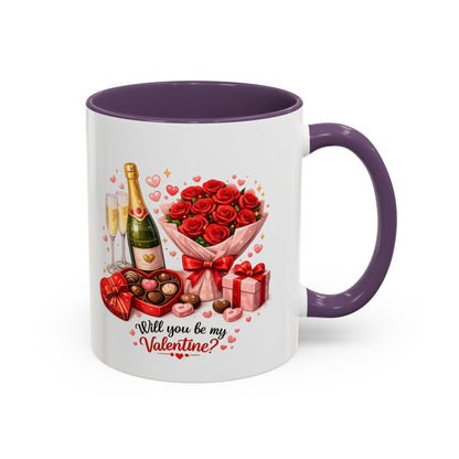 Valentine’s Coffee Mug — “Will You Be My Valentine?” Bouquet, Chocolates & Champagne Mug