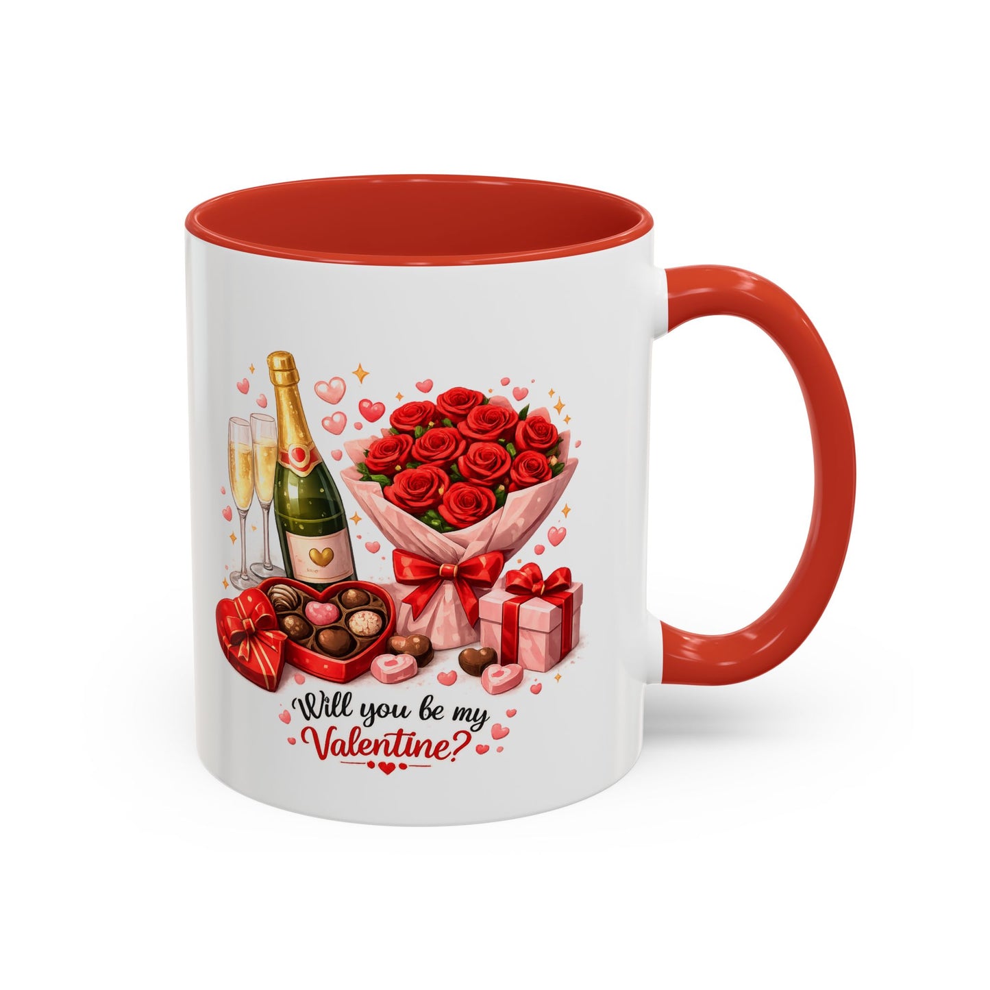 Valentine’s Coffee Mug — “Will You Be My Valentine?” Bouquet, Chocolates & Champagne Mug