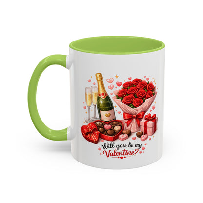 Valentine’s Coffee Mug — “Will You Be My Valentine?” Bouquet, Chocolates & Champagne Mug