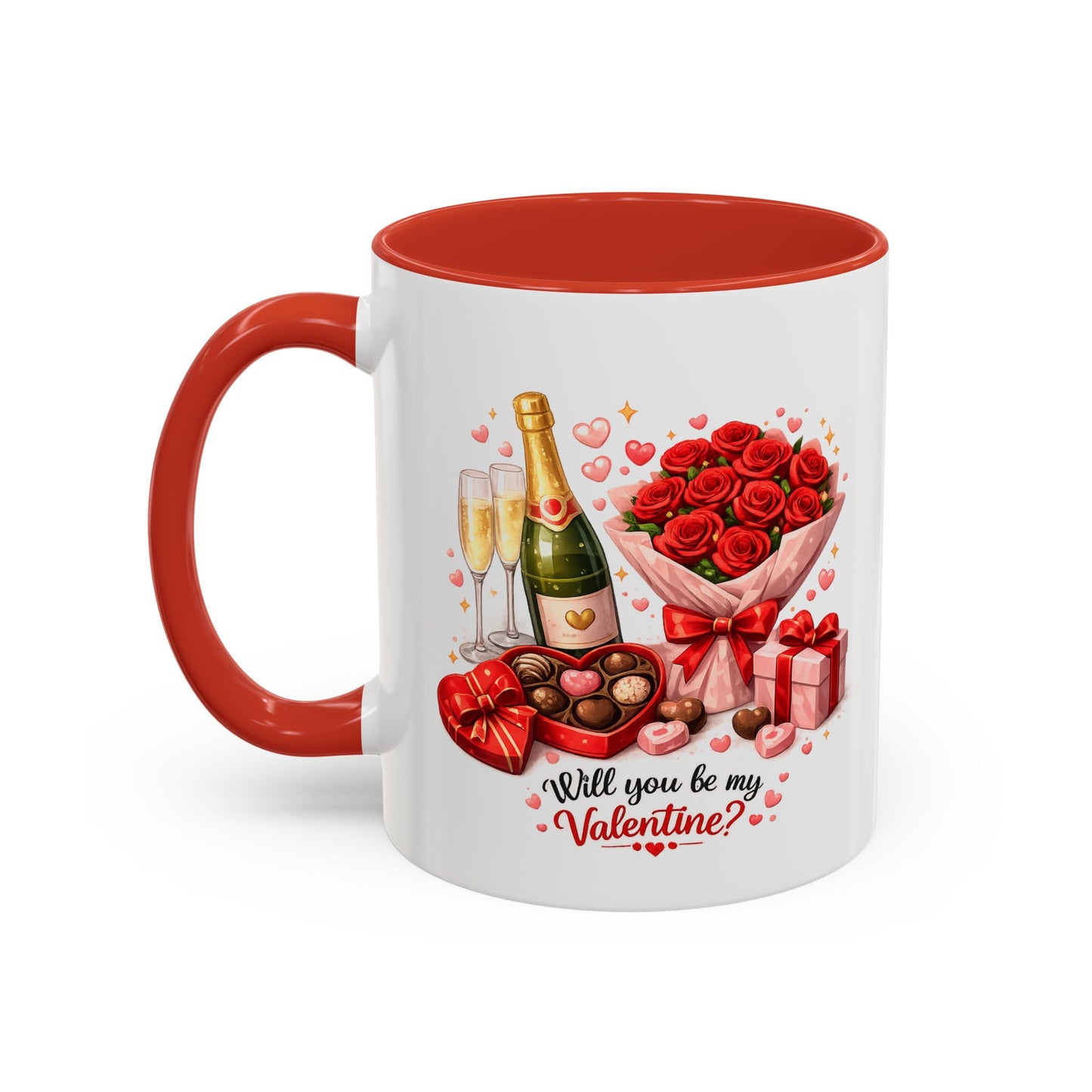 Valentine’s Coffee Mug — “Will You Be My Valentine?” Bouquet, Chocolates & Champagne Mug
