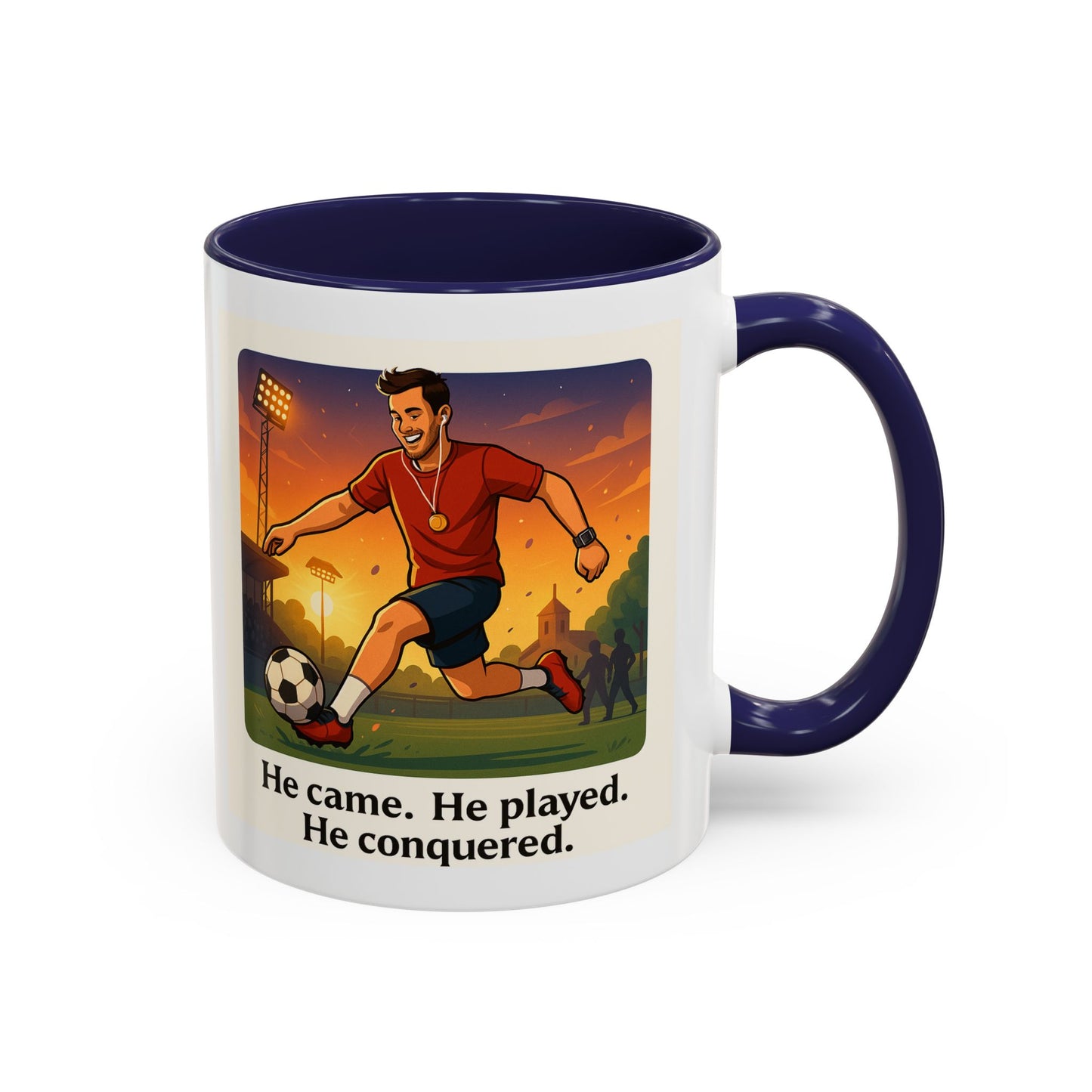Soccer Victory Coffee Mug - "He Came. He Played. He Conquered."