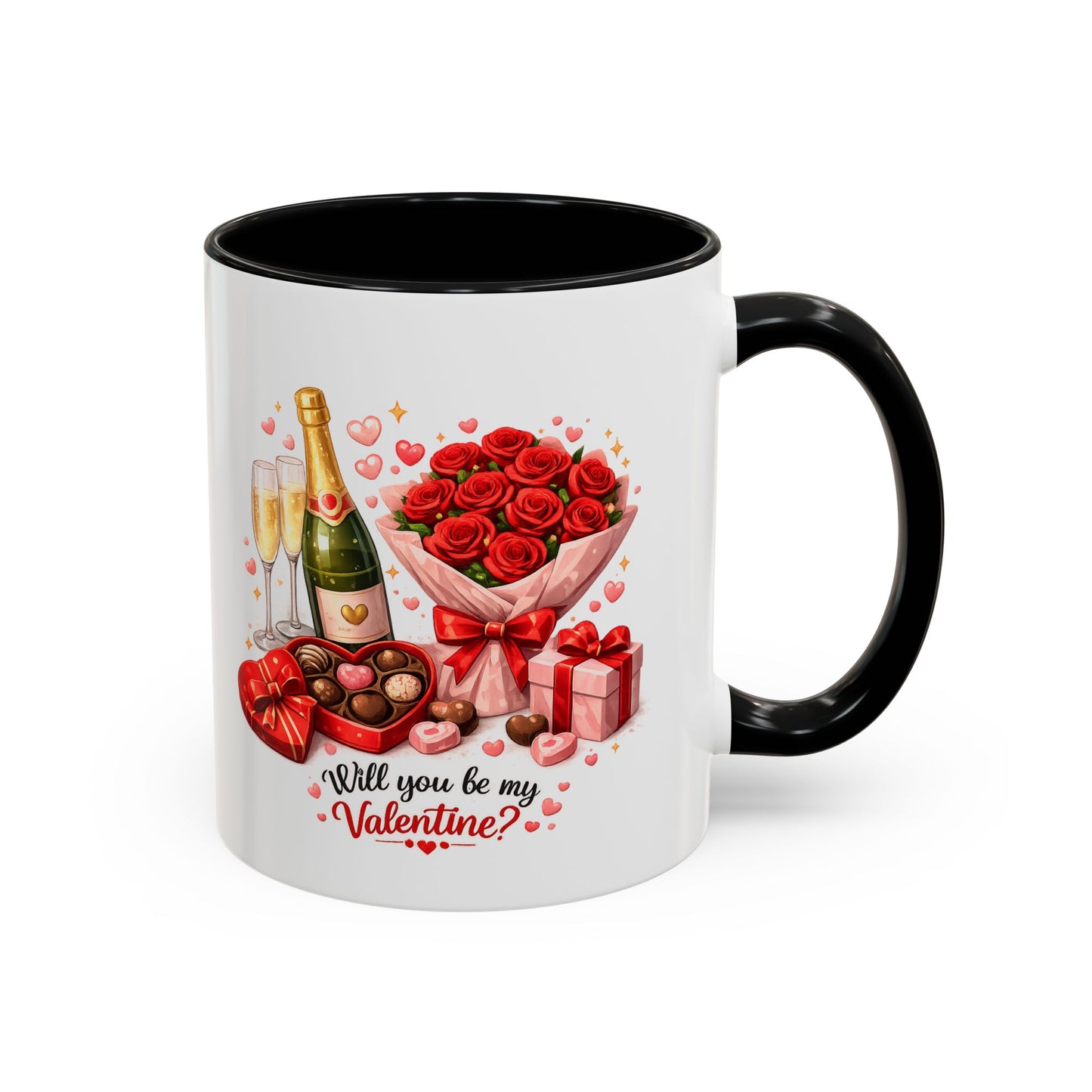 Valentine’s Coffee Mug — “Will You Be My Valentine?” Bouquet, Chocolates & Champagne Mug