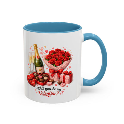 Valentine’s Coffee Mug — “Will You Be My Valentine?” Bouquet, Chocolates & Champagne Mug