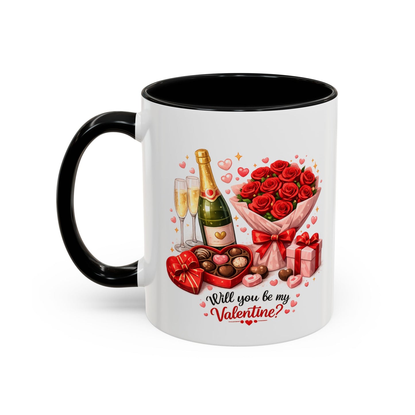 Valentine’s Coffee Mug — “Will You Be My Valentine?” Bouquet, Chocolates & Champagne Mug