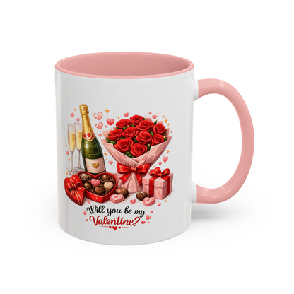 Valentine’s Coffee Mug — “Will You Be My Valentine?” Bouquet, Chocolates & Champagne Mug