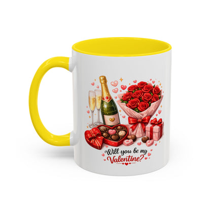 Valentine’s Coffee Mug — “Will You Be My Valentine?” Bouquet, Chocolates & Champagne Mug