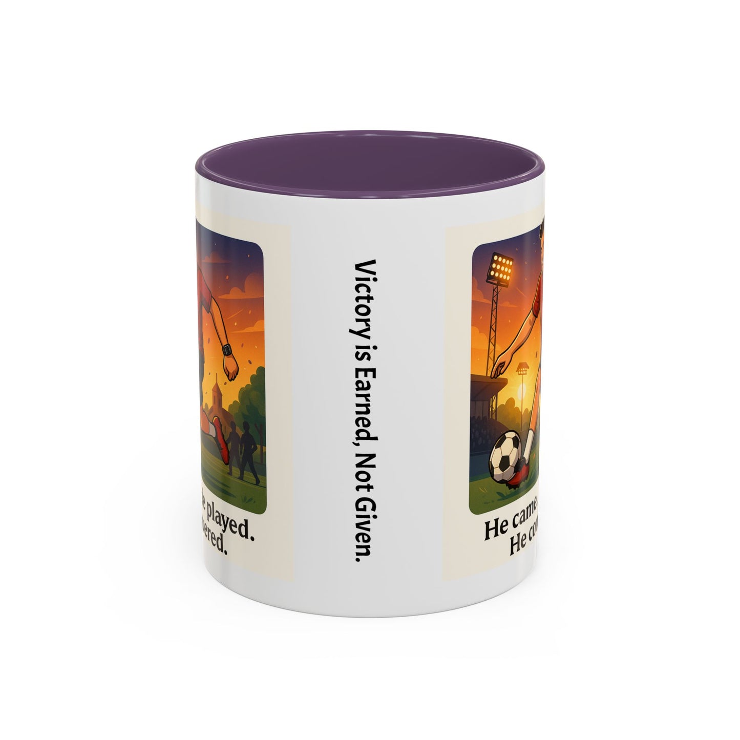 Soccer Victory Coffee Mug - "He Came. He Played. He Conquered."