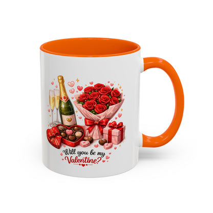Valentine’s Coffee Mug — “Will You Be My Valentine?” Bouquet, Chocolates & Champagne Mug