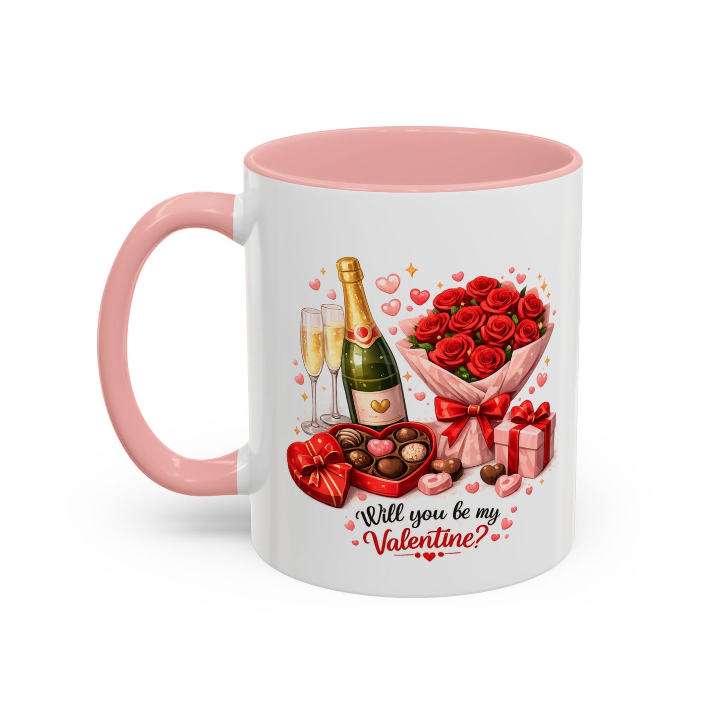 Valentine’s Coffee Mug — “Will You Be My Valentine?” Bouquet, Chocolates & Champagne Mug