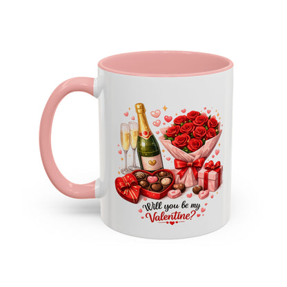Valentine’s Coffee Mug — “Will You Be My Valentine?” Bouquet, Chocolates & Champagne Mug