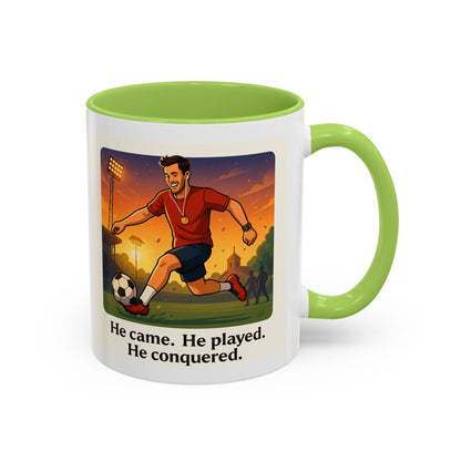 Soccer Victory Coffee Mug - "He Came. He Played. He Conquered."