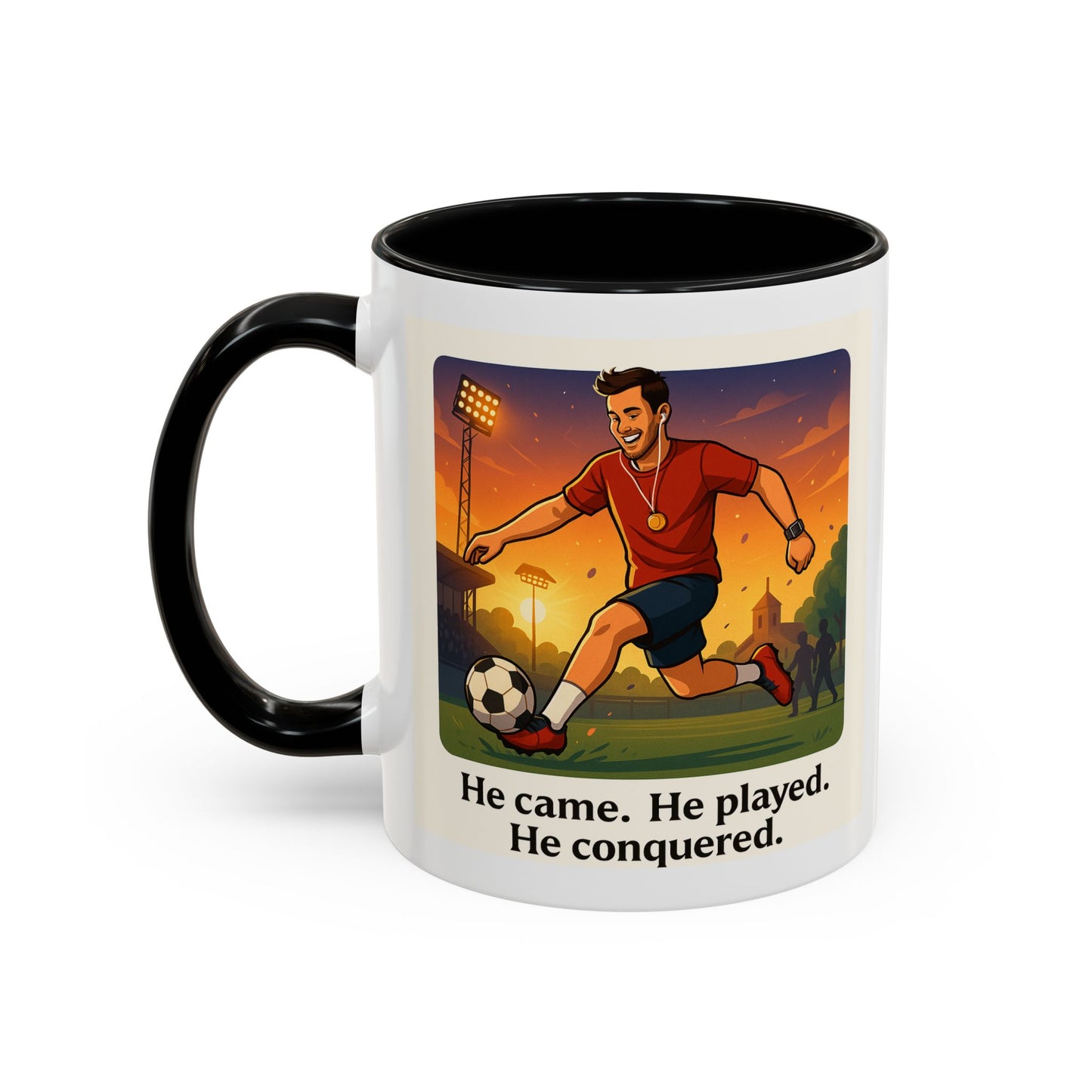 Soccer Victory Coffee Mug - "He Came. He Played. He Conquered."