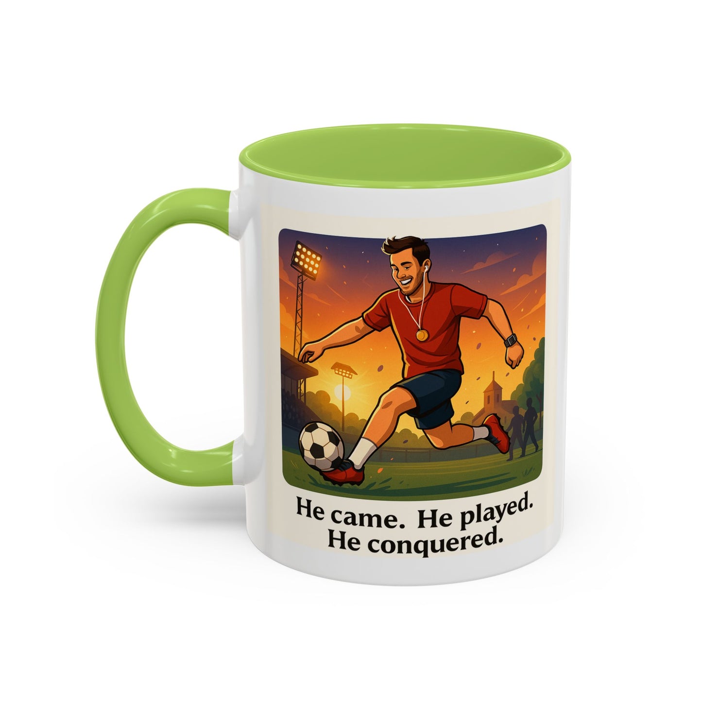 Soccer Victory Coffee Mug - "He Came. He Played. He Conquered."