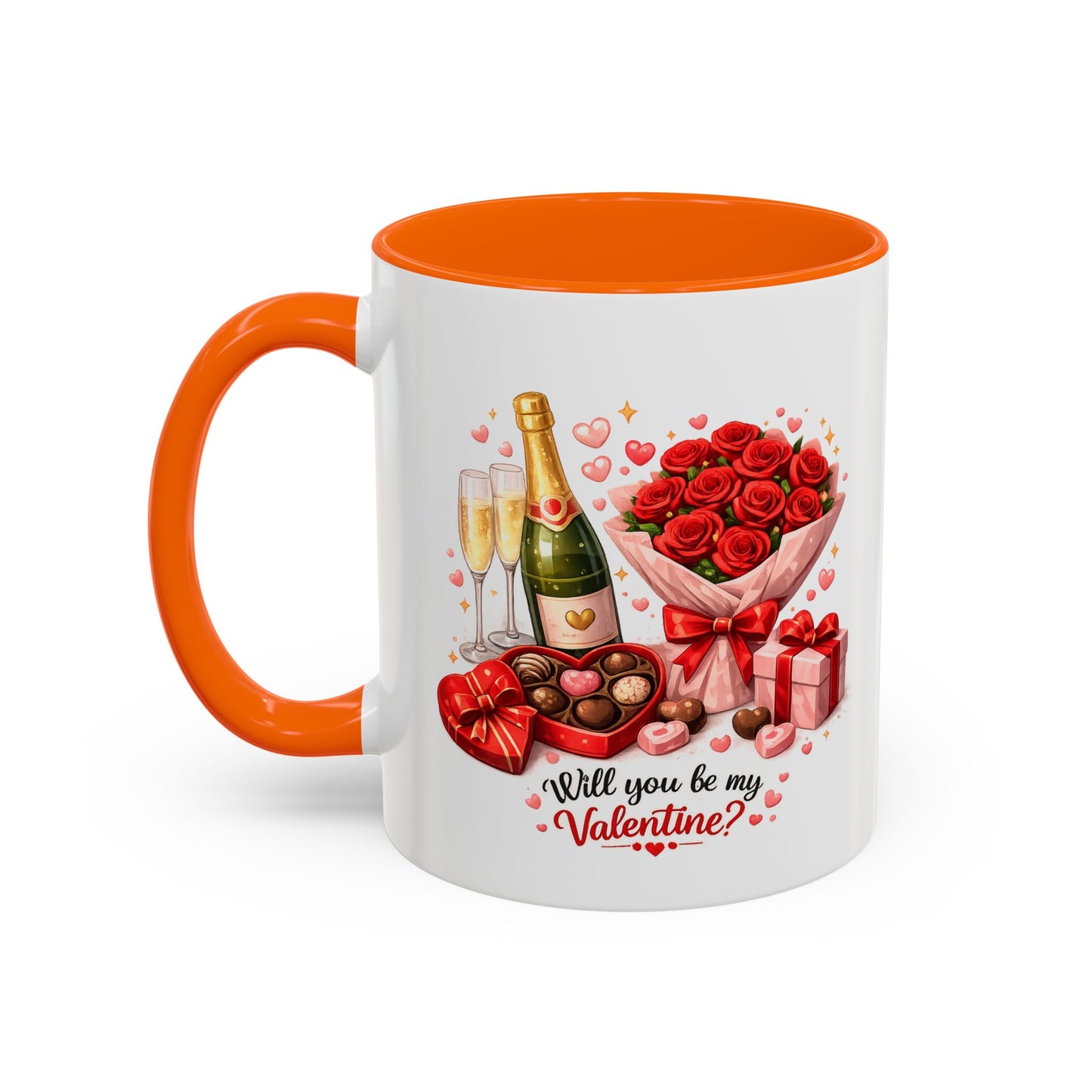 Valentine’s Coffee Mug — “Will You Be My Valentine?” Bouquet, Chocolates & Champagne Mug