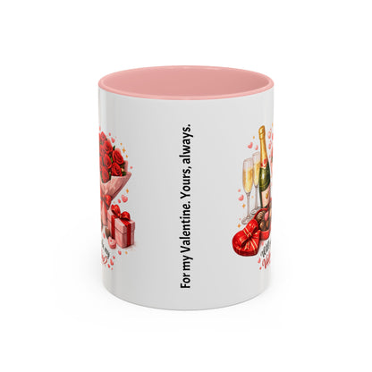 Valentine’s Coffee Mug — “Will You Be My Valentine?” Bouquet, Chocolates & Champagne Mug