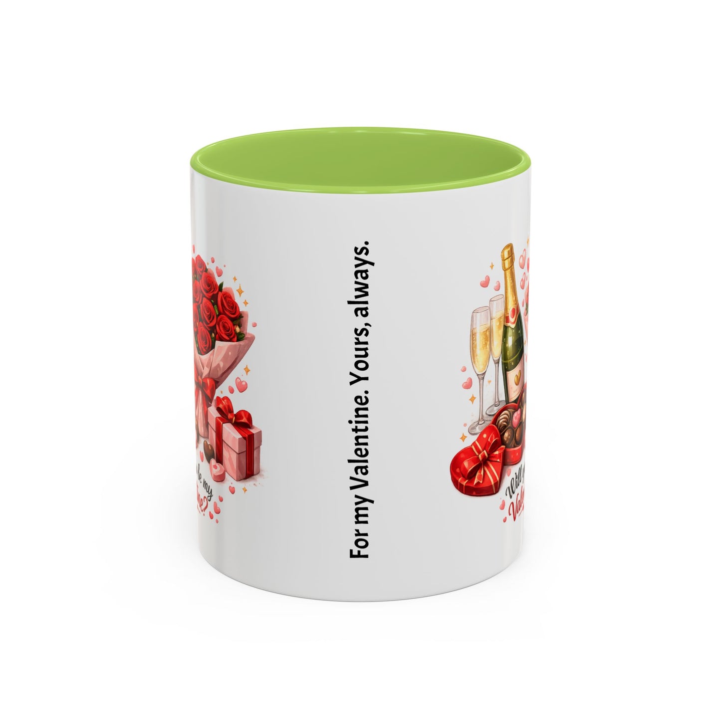 Valentine’s Coffee Mug — “Will You Be My Valentine?” Bouquet, Chocolates & Champagne Mug