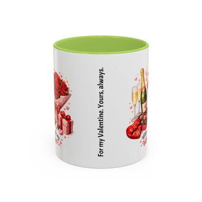 Valentine’s Coffee Mug — “Will You Be My Valentine?” Bouquet, Chocolates & Champagne Mug