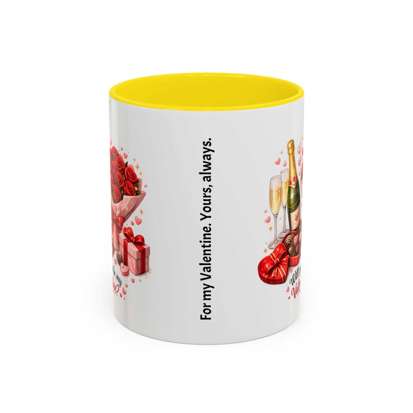 Valentine’s Coffee Mug — “Will You Be My Valentine?” Bouquet, Chocolates & Champagne Mug