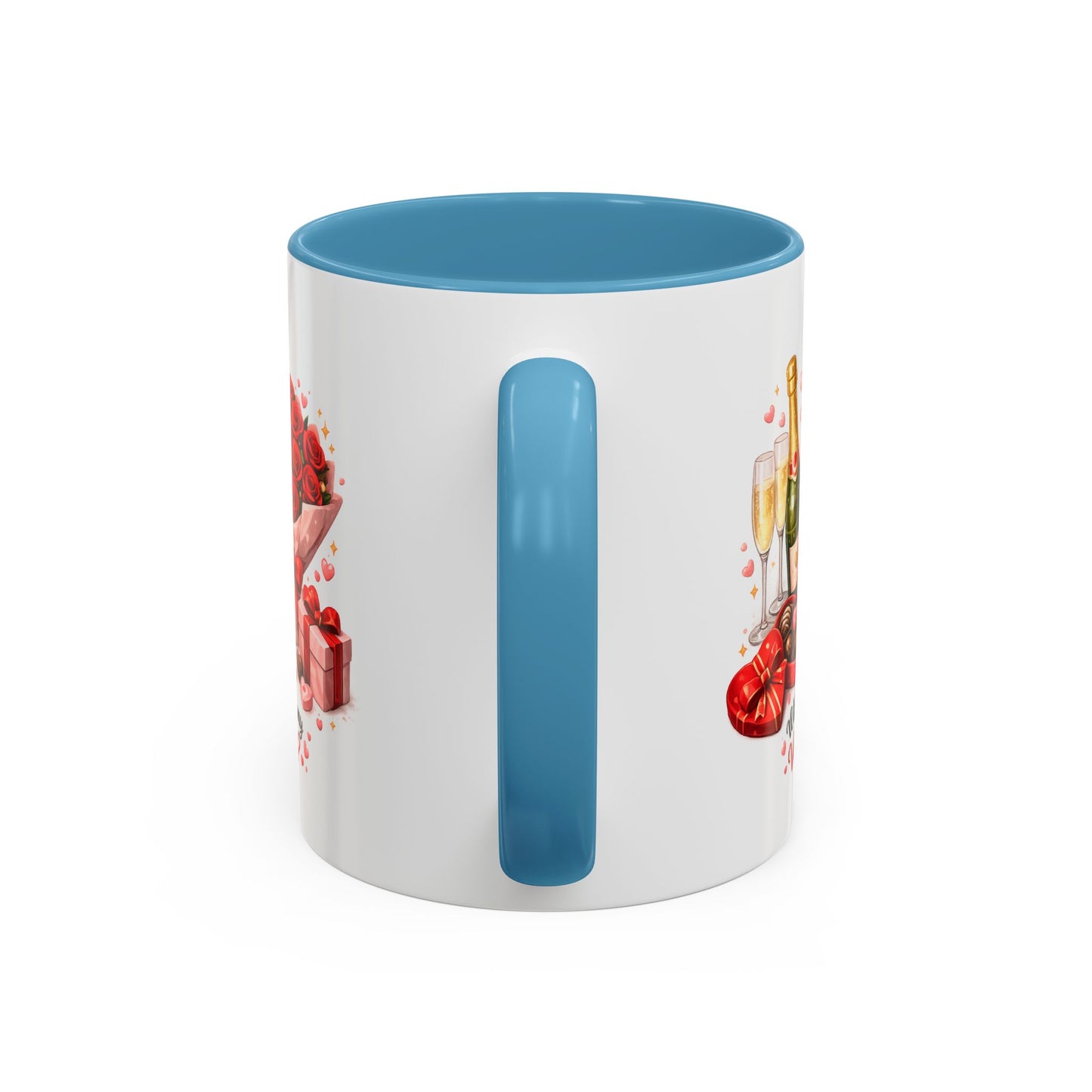 Valentine’s Coffee Mug — “Will You Be My Valentine?” Bouquet, Chocolates & Champagne Mug