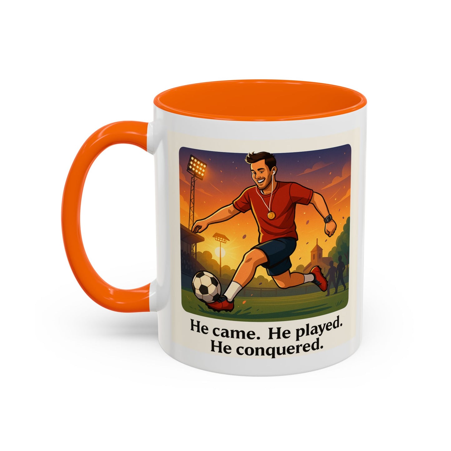 Soccer Victory Coffee Mug - "He Came. He Played. He Conquered."