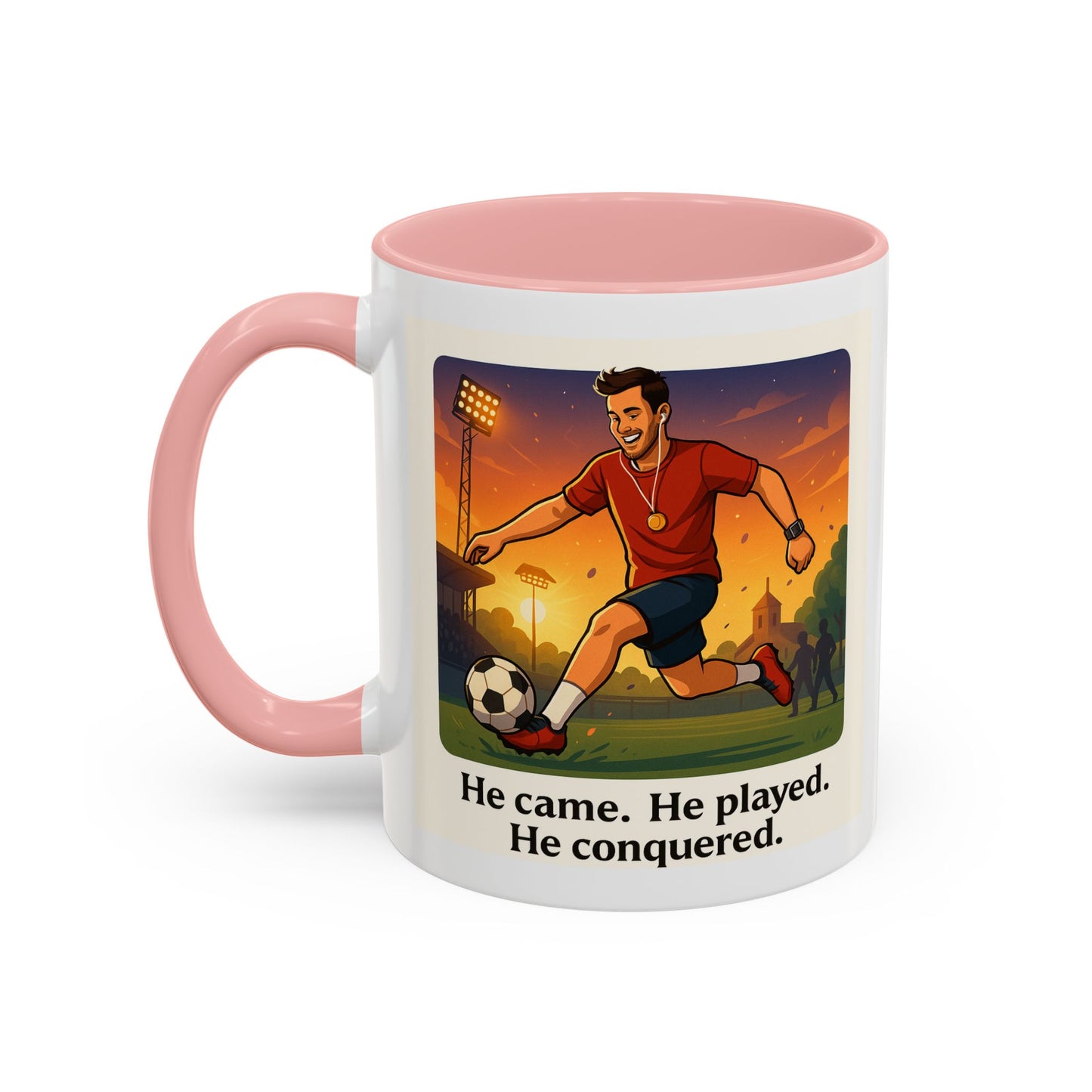 Soccer Victory Coffee Mug - "He Came. He Played. He Conquered."