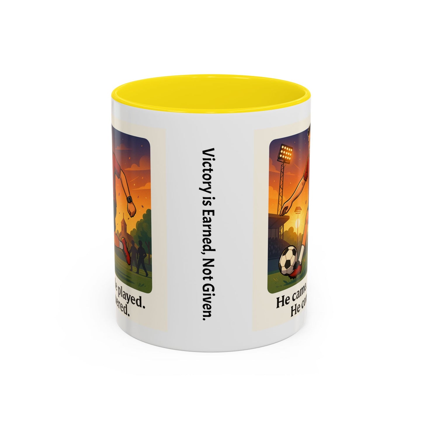 Soccer Victory Coffee Mug - "He Came. He Played. He Conquered."