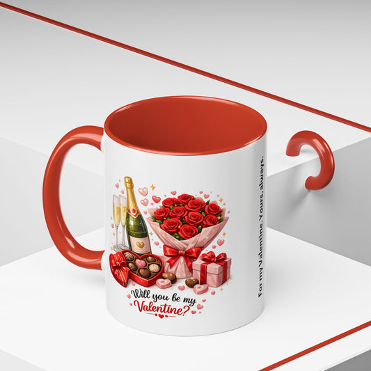 Valentine’s Coffee Mug — “Will You Be My Valentine?” Bouquet, Chocolates & Champagne Mug